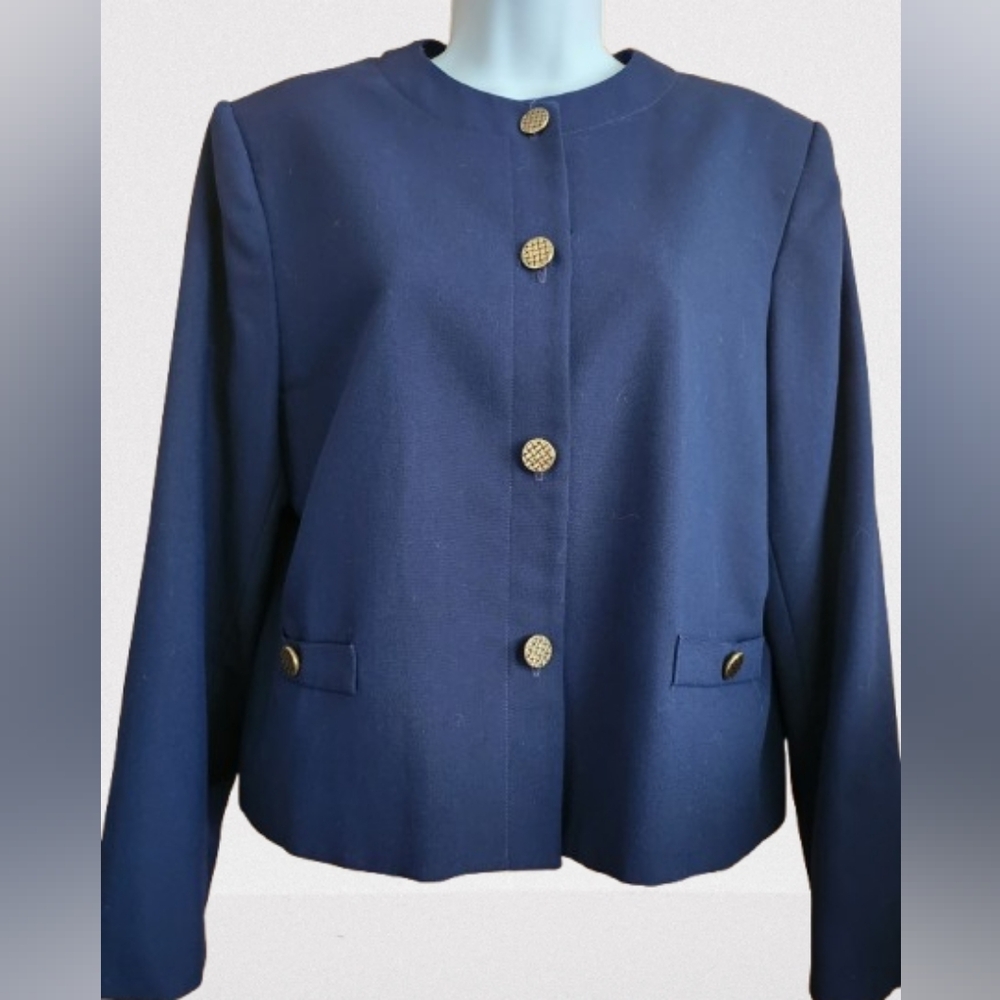Russ Petites Navy Blue Cropped Blazer Made In USA Size 12